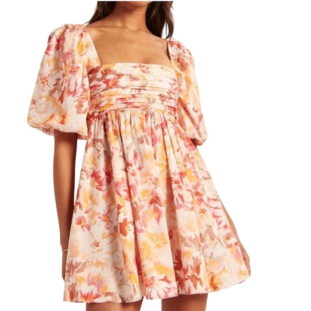 Abercrombie & Fitch Floral Puff Sleeve Pleated Mini Dress Orange Pink size XS - Picture 1 of 14